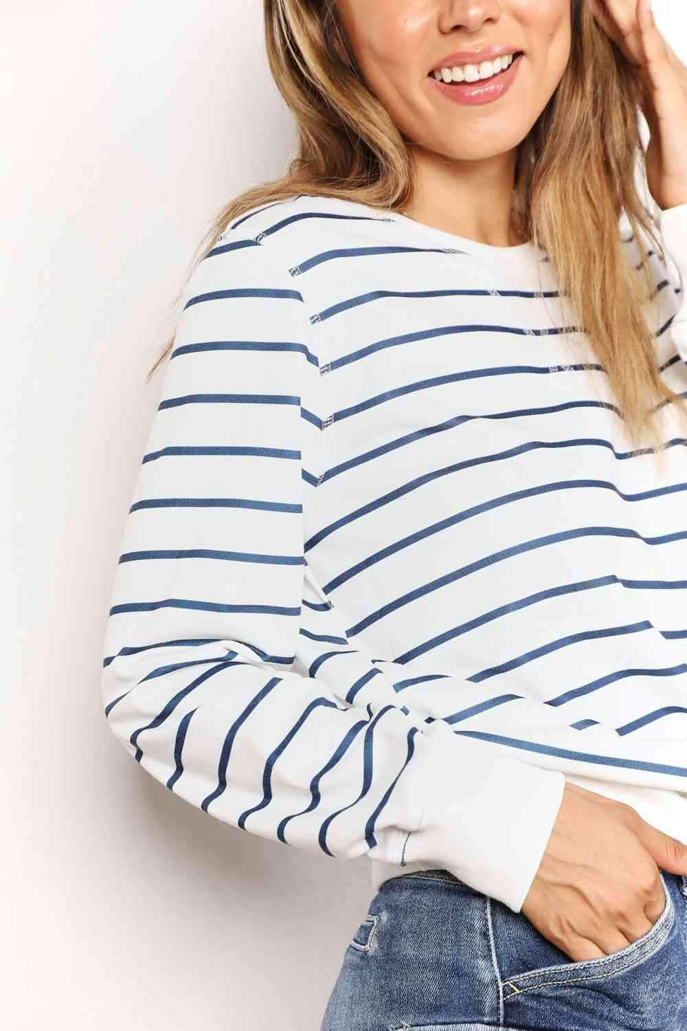 Double Take Striped Long Sleeve Round Neck Top Blouses - Tophatter Daily Deals