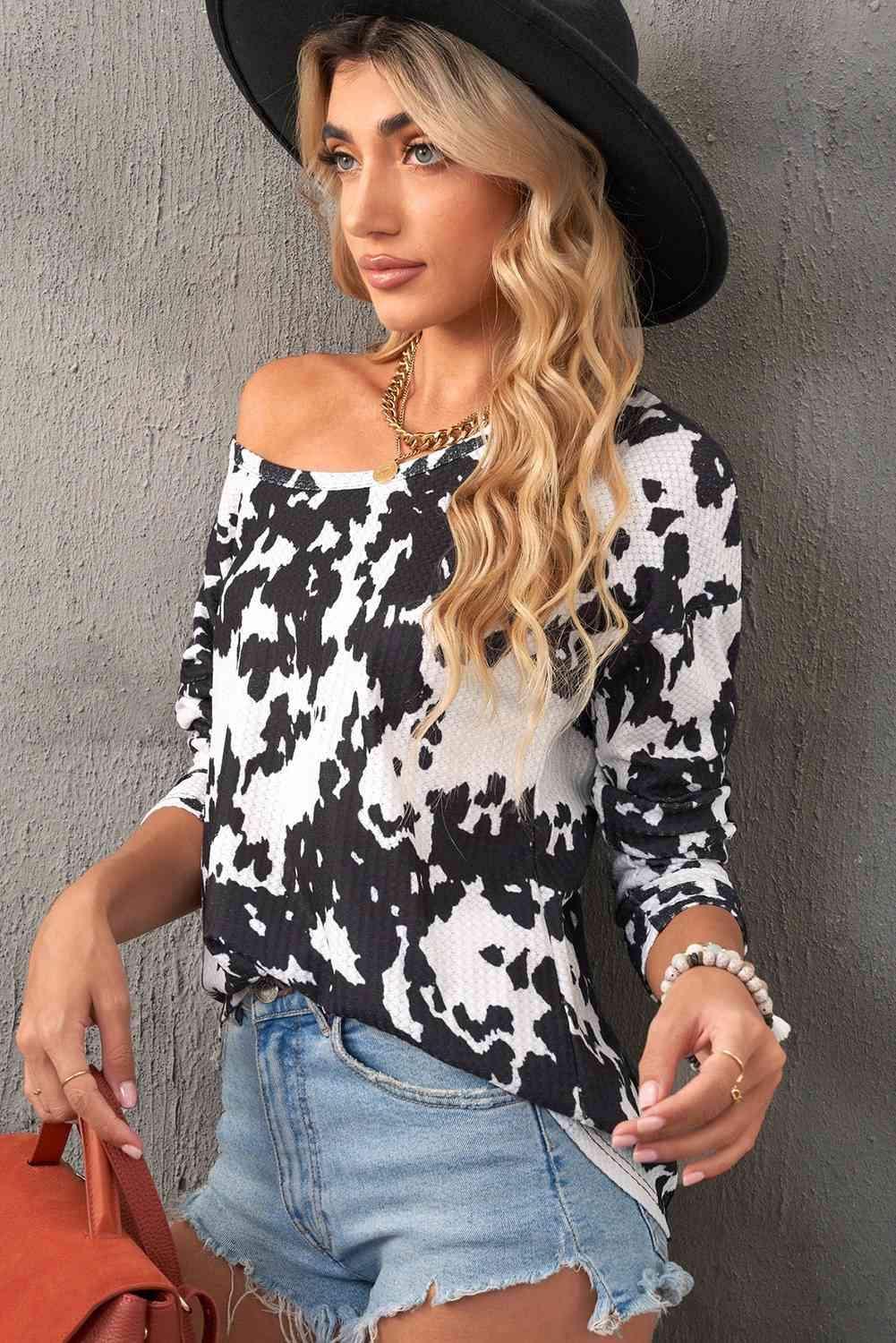 Cow Print Round Neck Long Sleeve Top Women's T-Shirts - Tophatter Daily Deals