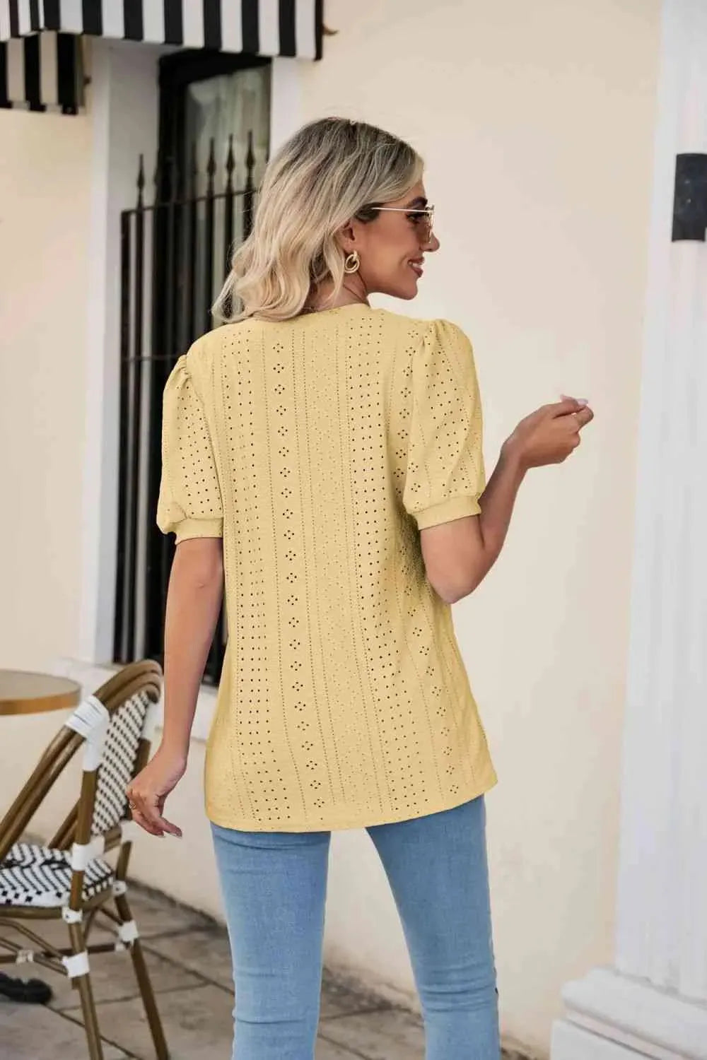 Eyelet Puff Sleeve V-Neck Top Blouses - Tophatter Daily Deals