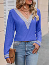 Double Take Contrast V-Neck Eyelet Long Sleeve Top Blouses - Tophatter Daily Deals