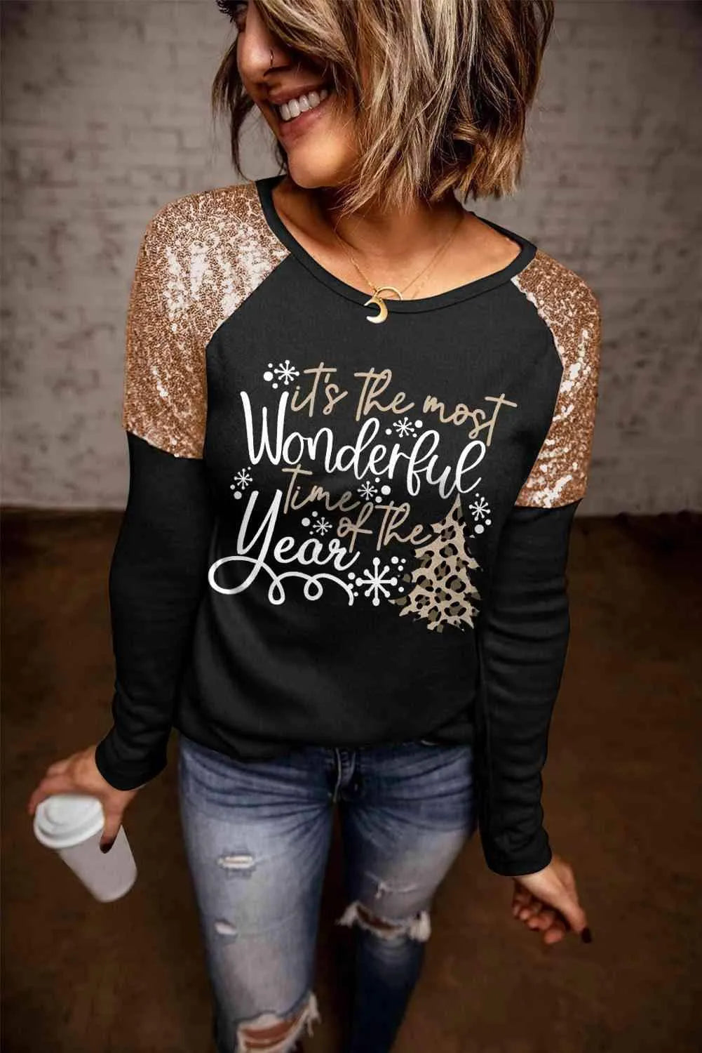 Sequin Slogan Graphic T-Shirt Women's T-Shirts - Tophatter Daily Deals