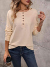 Round Neck Buttoned Slit Long Sleeve Top Khaki Women's T-Shirts - Tophatter Daily Deals