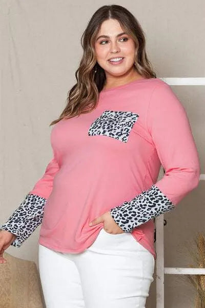 Plus Size Leopard Round Neck Long Sleeve T-Shirt Women's T-Shirts - Tophatter Daily Deals