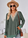 Crochet Contrast V-Neck Long Sleeve Slit T-Shirt Army Green Women's T-Shirts - Tophatter Daily Deals