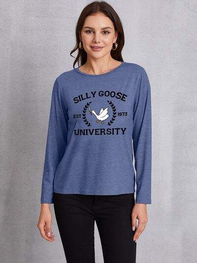 SILLY GOOSE UNIVERSITY Long Sleeve T-Shirt Dusty Blue Women's T-Shirts - Tophatter Daily Deals