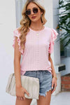 Round Neck Flutter Sleeve Eyelet Blouse Blush Pink Blouses - Tophatter Daily Deals