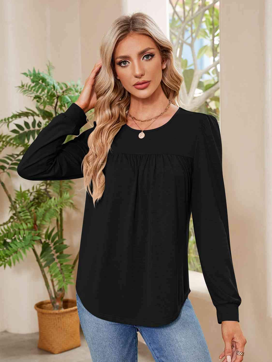 Ruched Round Neck Long Sleeve Blouse Black Blouses - Tophatter Daily Deals