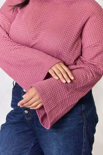 Culture Code Full Size Waffle-Knit Round Neck Long Sleeve Blouse Blouses - Tophatter Daily Deals