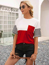 Striped Color Block Round Neck Tee Deep Red Women's T-Shirts - Tophatter Daily Deals