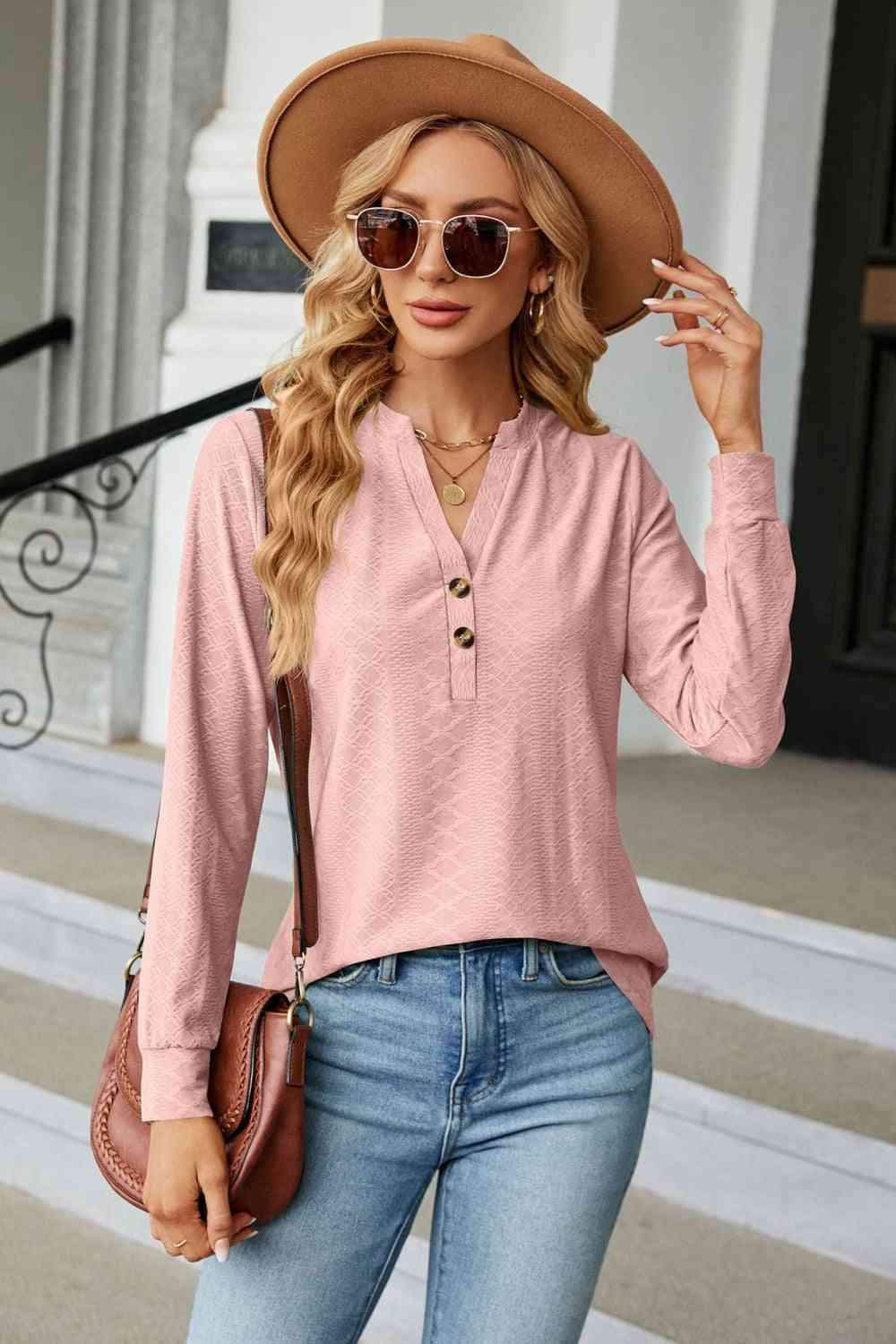 Notched Neck Long Sleeve Buttoned Blouse Dusty Pink Blouses - Tophatter Daily Deals