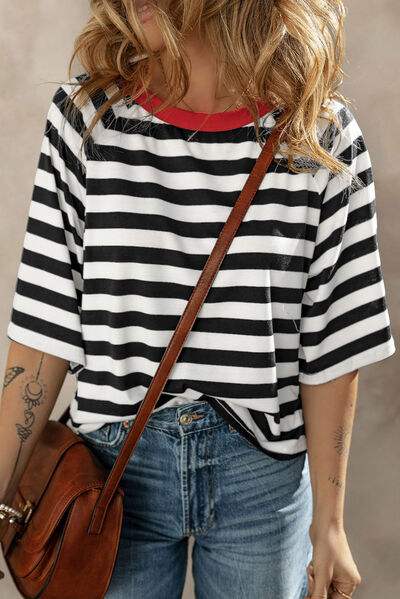 Striped Round Neck Raglan Sleeve T-Shirt Women's T-Shirts - Tophatter Daily Deals