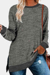 Round Neck Long Sleeve Slit T-Shirt Charcoal Women's T-Shirts - Tophatter Daily Deals