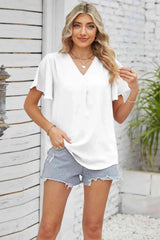 V-Neck Flutter Sleeve Blouse Blouses - Tophatter Daily Deals