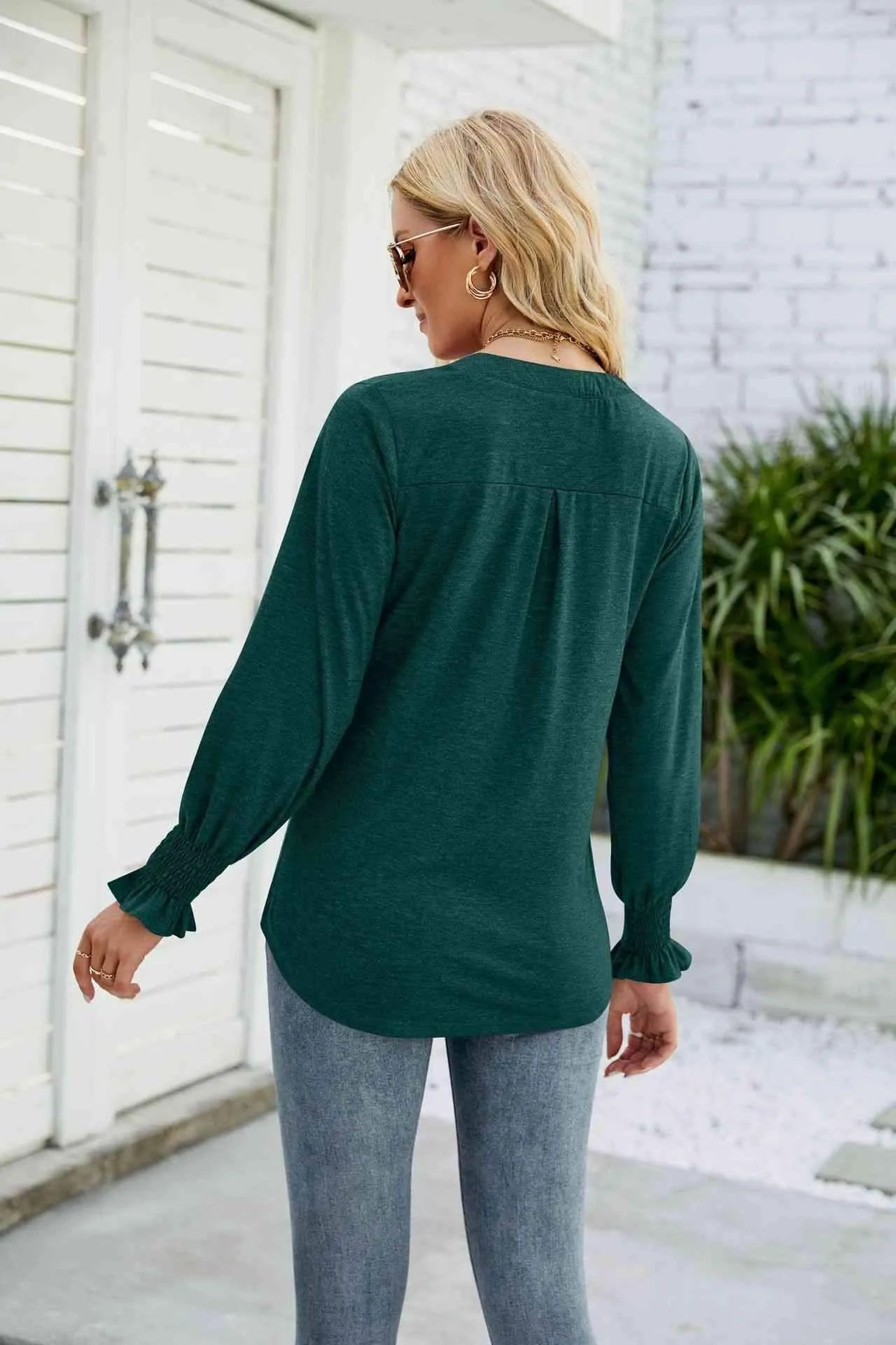 Heathered Flounce Sleeve Curved Hem Top Blouses - Tophatter Daily Deals