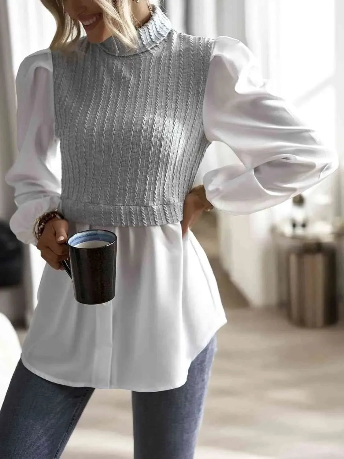 Contrast Cable-Knit Mock Neck Top Gray Dawn Blouses - Tophatter Daily Deals