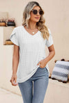 Eyelet Petal Sleeve V-Neck Knit Top Blouses - Tophatter Daily Deals