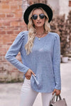 Double Take Round Neck Puff Sleeve Ribbed Top Misty Blue Blouses - Tophatter Daily Deals