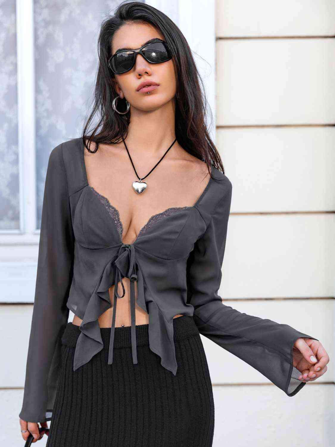 Tie Front Sweetheart Neck Blouses Charcoal Blouses - Tophatter Daily Deals