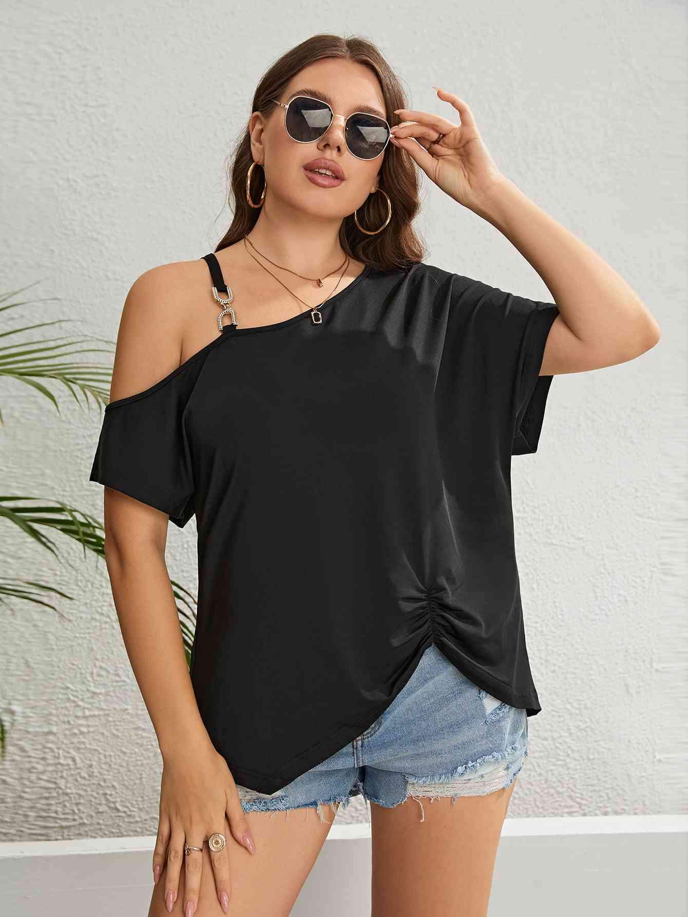 Plus Size Asymmetrical Neck Ruched Short Sleeve Blouse Black Blouses - Tophatter Daily Deals