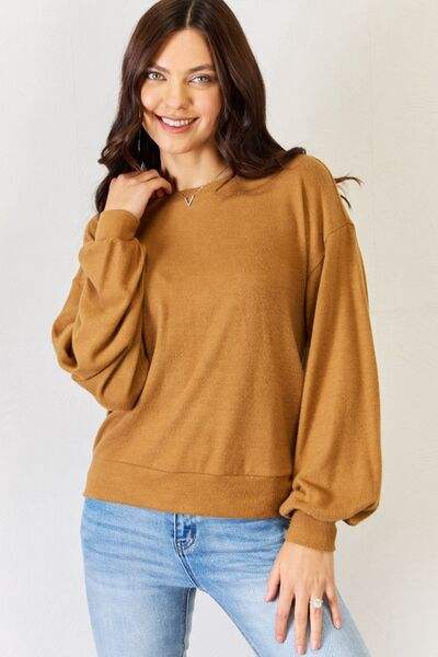 HYFVE Round Neck Long Sleeve Top Pale Brown Blouses - Tophatter Daily Deals