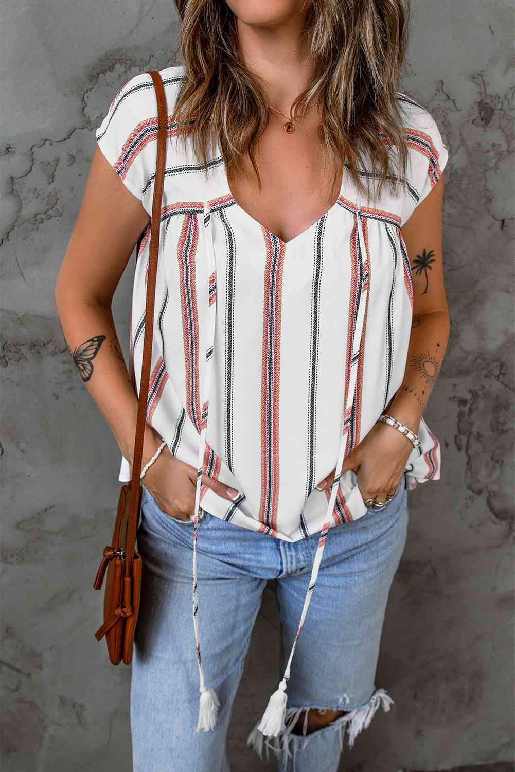 Striped V-Neck Tassel Tie Blouse Stripe Blouses - Tophatter Daily Deals