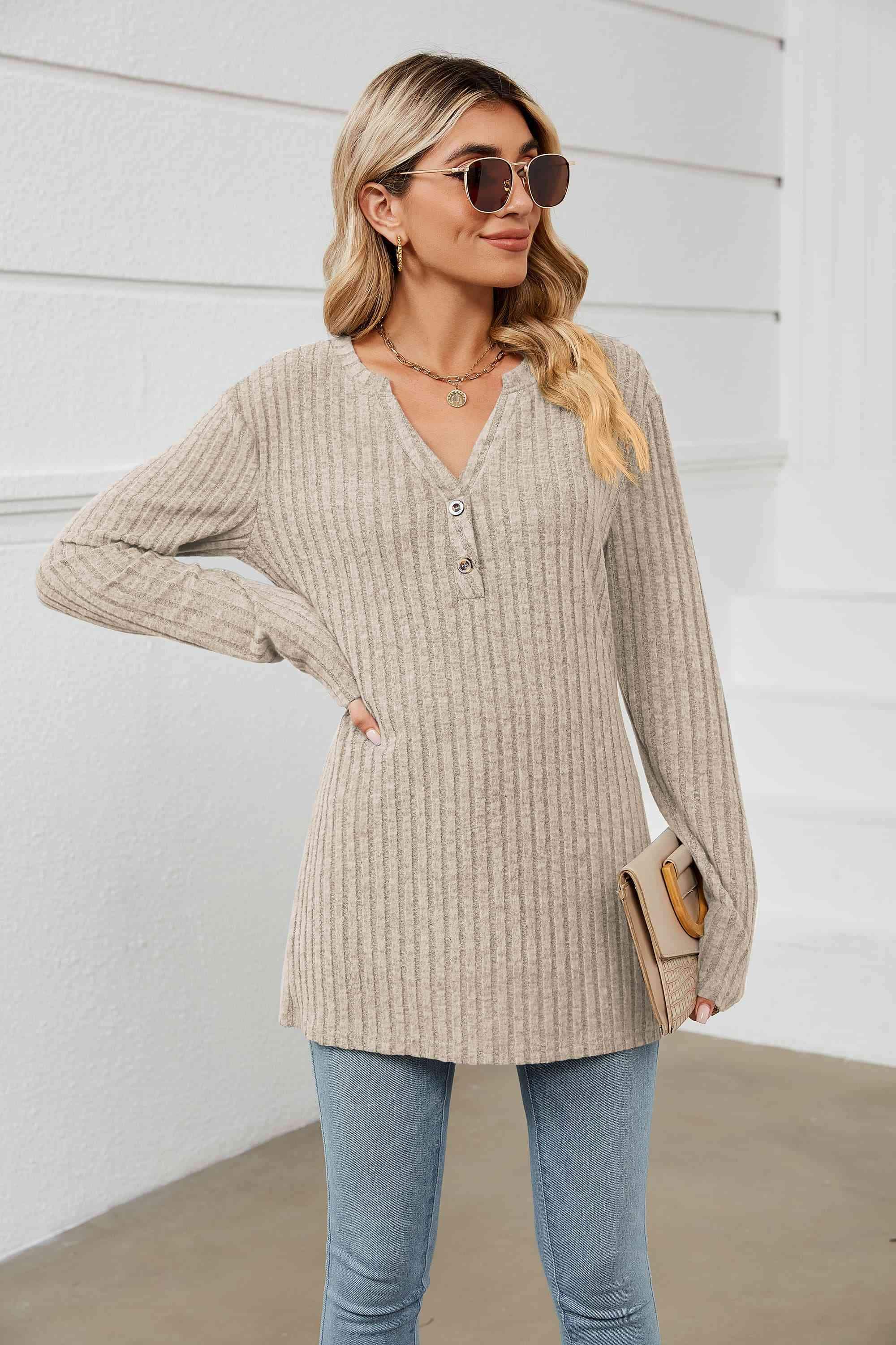 Notched Neck Ribbed Long Sleeve T-Shirt Beige Women's T-Shirts - Tophatter Daily Deals