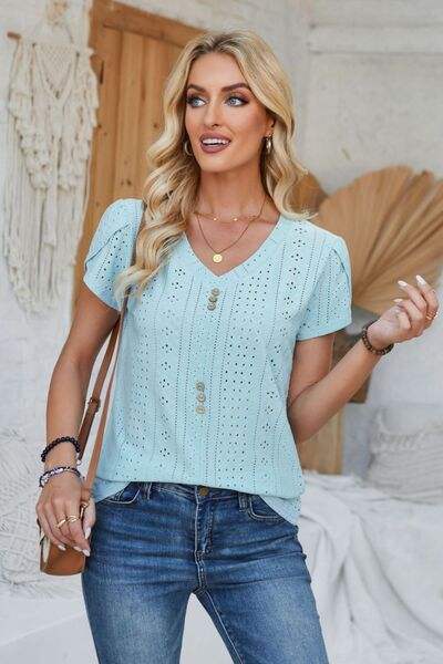 Decorative Button Eyelet V-Neck Short Sleeve T-Shirt Women's T-Shirts - Tophatter Daily Deals