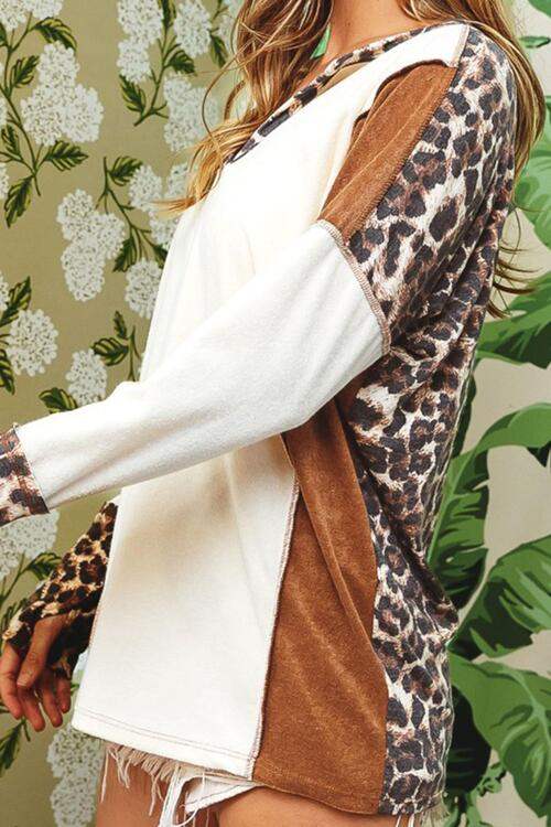 Leopard V-Neck Dropped Shoulder Blouse Blouses - Tophatter Daily Deals