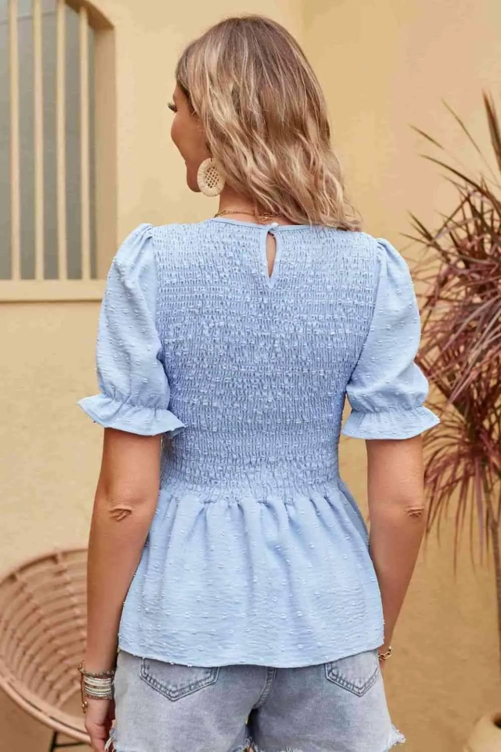 Swiss Dot Smocked Peplum Blouse Blouses - Tophatter Daily Deals