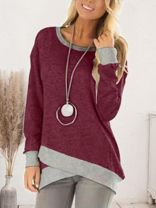 Contrast Boat Neck Long Sleeve T-Shirt Wine Women's T-Shirts - Tophatter Daily Deals