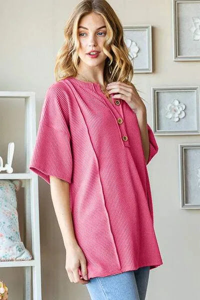 Heimish Full Size Ribbed Half Button Drop Shoulder Top Blouses - Tophatter Daily Deals