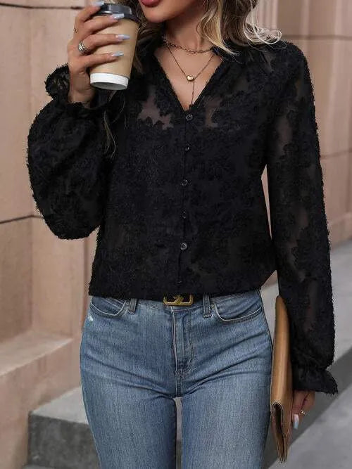 Lace Button Front Long Sleeve Top Blouses - Tophatter Daily Deals