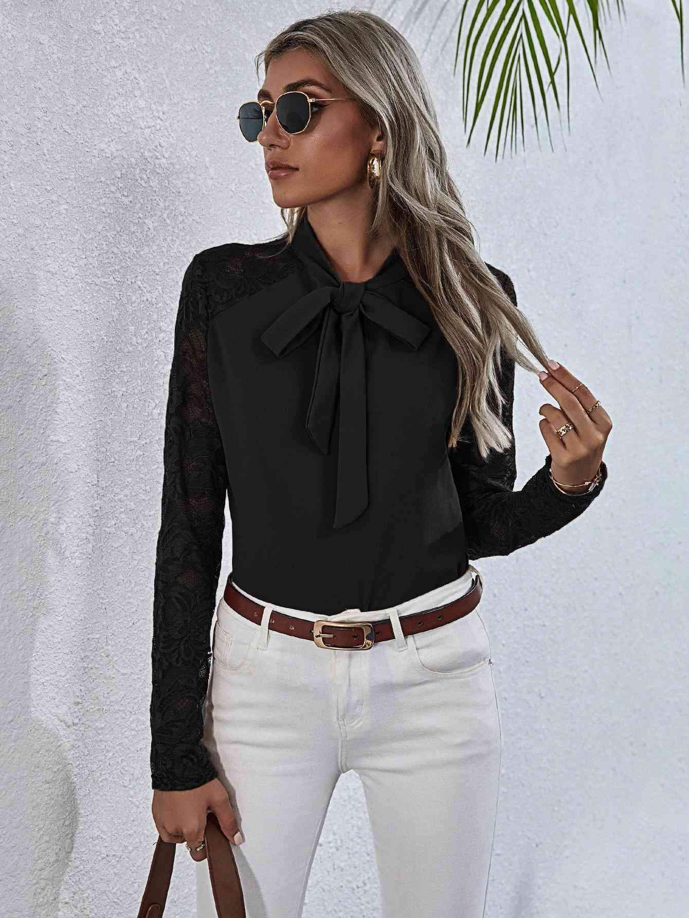 Tie Neck Spliced Lace Long Sleeve Top Black Blouses - Tophatter Daily Deals