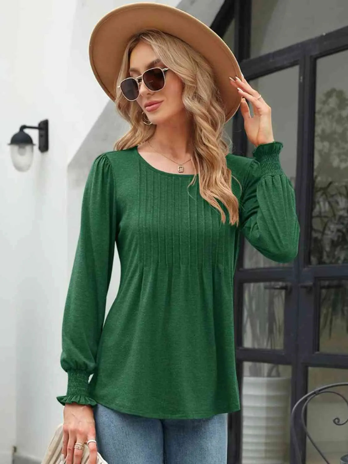 Smocked Round Neck Lantern Sleeve Blouse Blouses - Tophatter Daily Deals