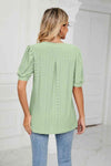 Eyelet Short Puff Sleeve Notched Neck Top Blouses - Tophatter Daily Deals