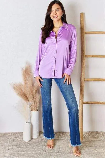 Zenana Satin Button Down Long Sleeve Shirt Blouses - Tophatter Daily Deals
