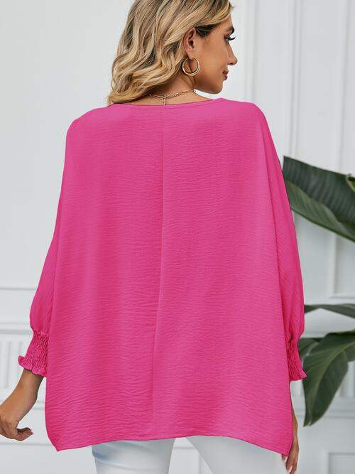 Smocked Lantern Sleeve Round Neck Blouse Blouses - Tophatter Daily Deals