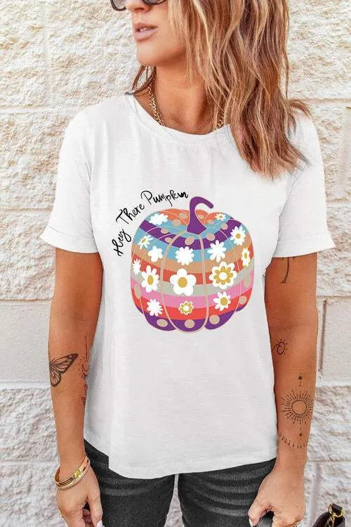 Pumpkin Graphic Short Sleeve T-Shirt White Women's T-Shirts - Tophatter Daily Deals