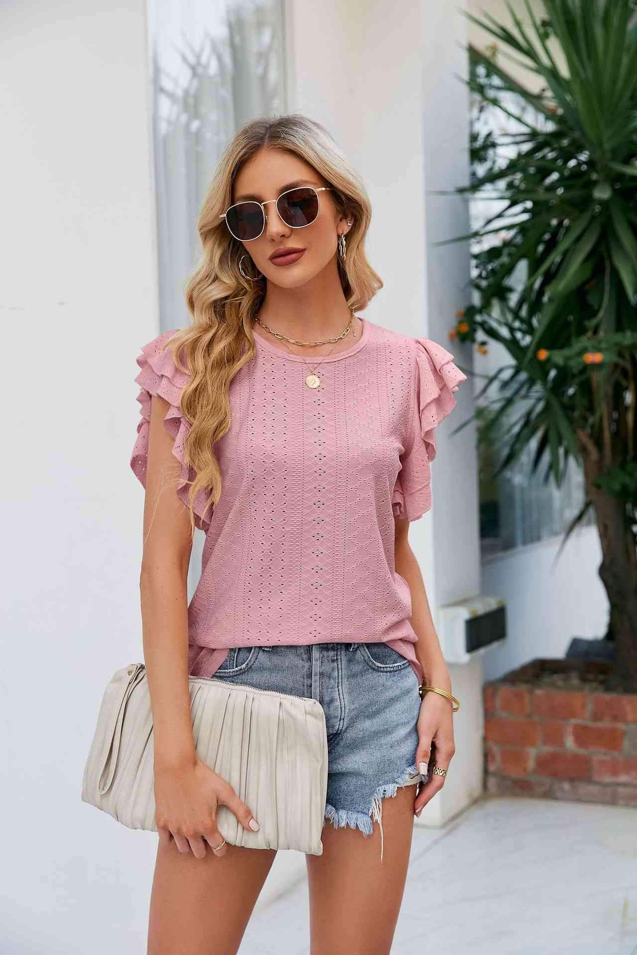 Round Neck Flutter Sleeve Eyelet Blouse Moonlit Mauve Blouses - Tophatter Daily Deals