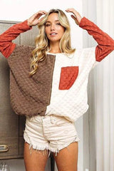 BiBi Color Block Brushed Checker Top Blouses - Tophatter Daily Deals
