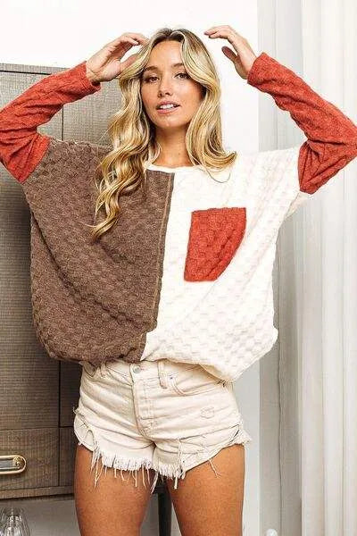 BiBi Color Block Brushed Checker Top Blouses - Tophatter Daily Deals
