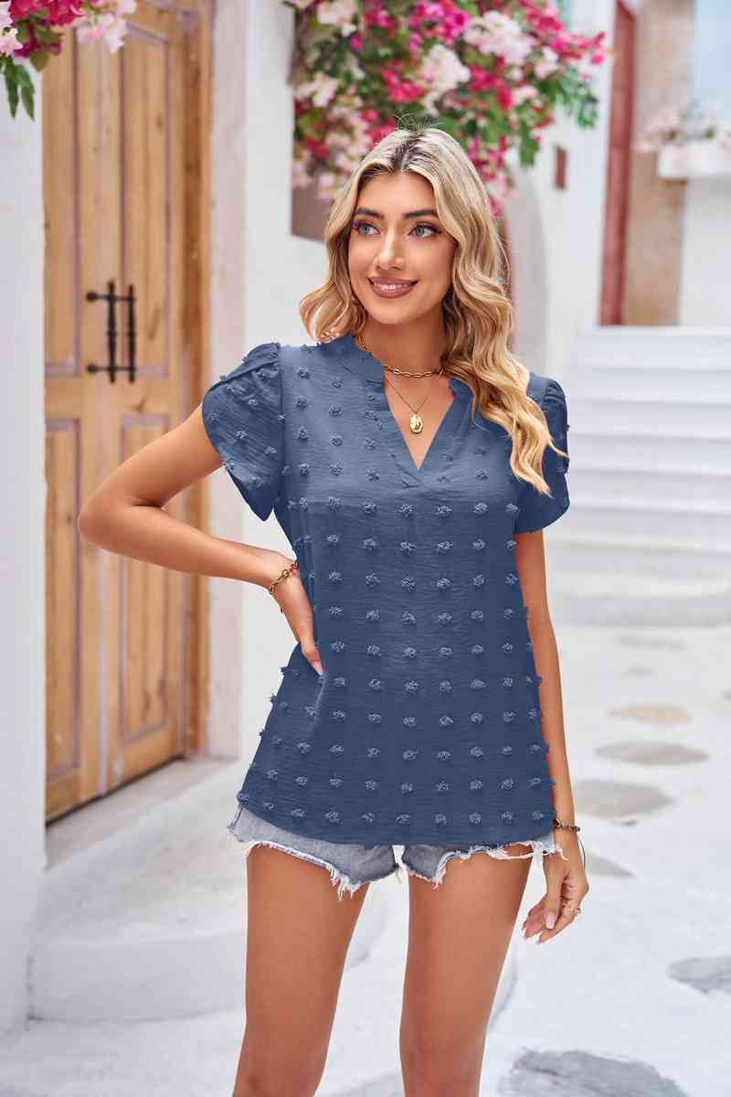 Swiss Dot Petal Sleeve Notched Top French Blue Women's T-Shirts - Tophatter Daily Deals