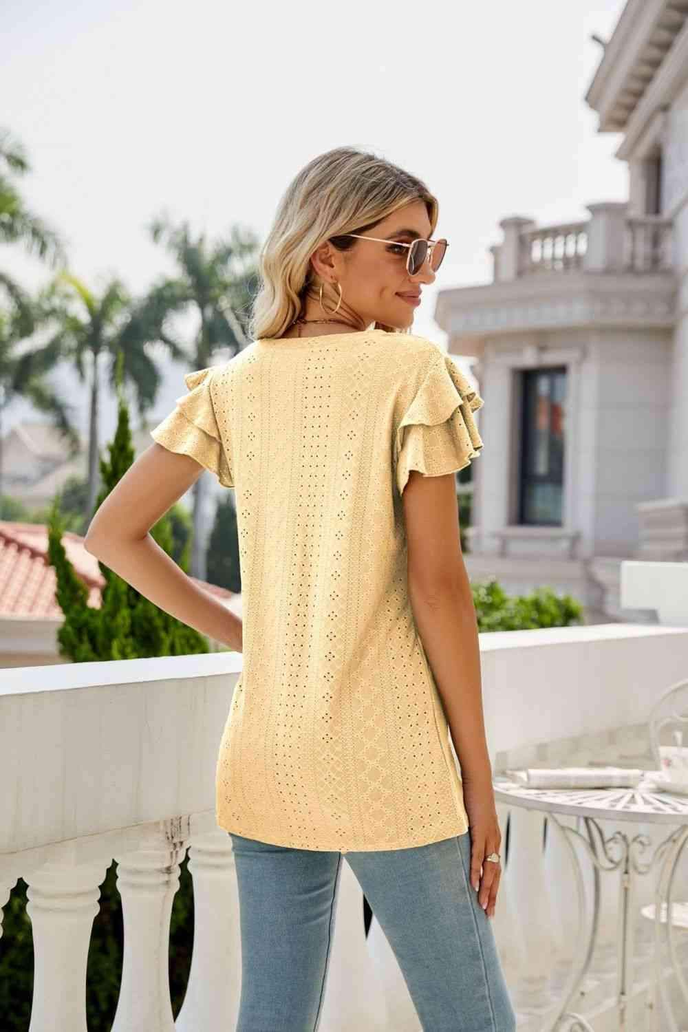 Eyelet Layered Flutter Sleeve V-Neck Top Blouses - Tophatter Daily Deals