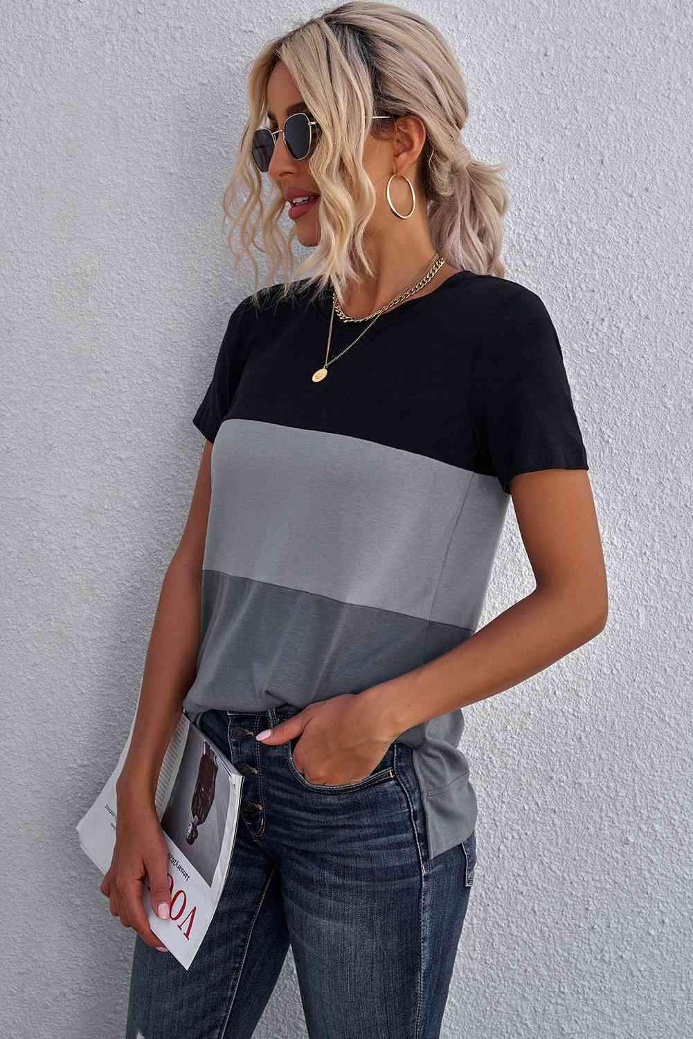 Color Block Side Slit Round Neck T-Shirt Women's T-Shirts - Tophatter Daily Deals