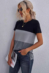 Color Block Side Slit Round Neck T-Shirt Women's T-Shirts - Tophatter Daily Deals
