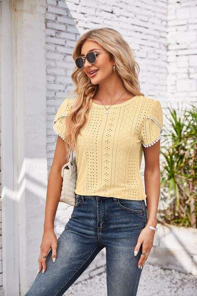 Eyelet Round Neck Petal Sleeve T-Shirt Women's T-Shirts - Tophatter Daily Deals