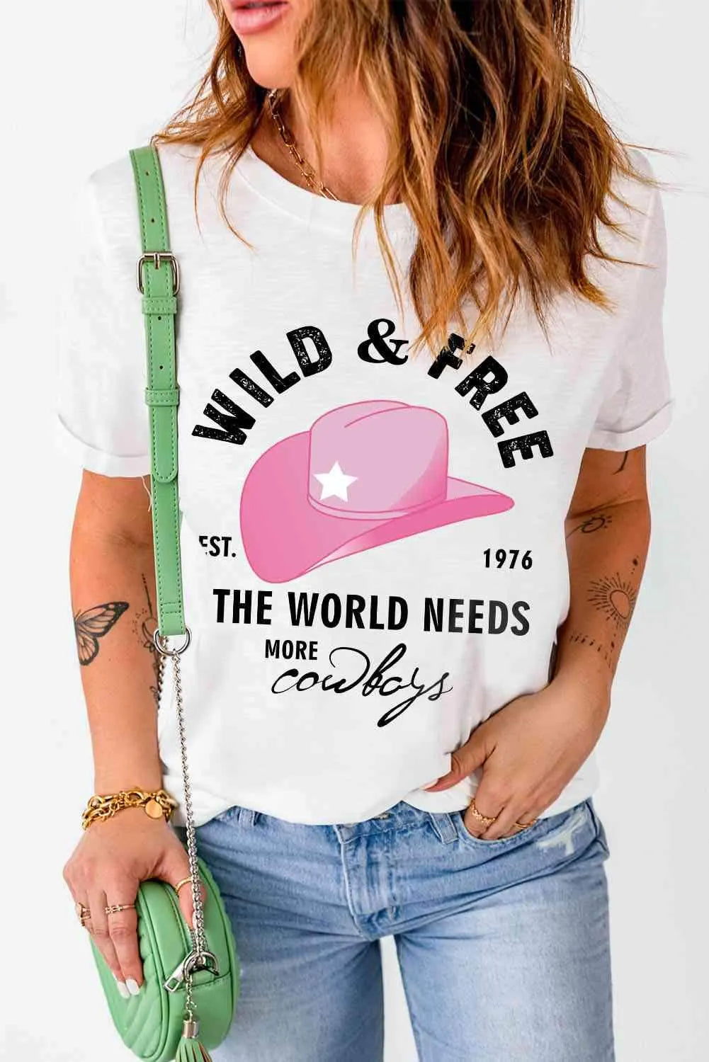 Slogan Graphic Cuffed Tee Round Neck Tee Shirt Women's T-Shirts - Tophatter Daily Deals