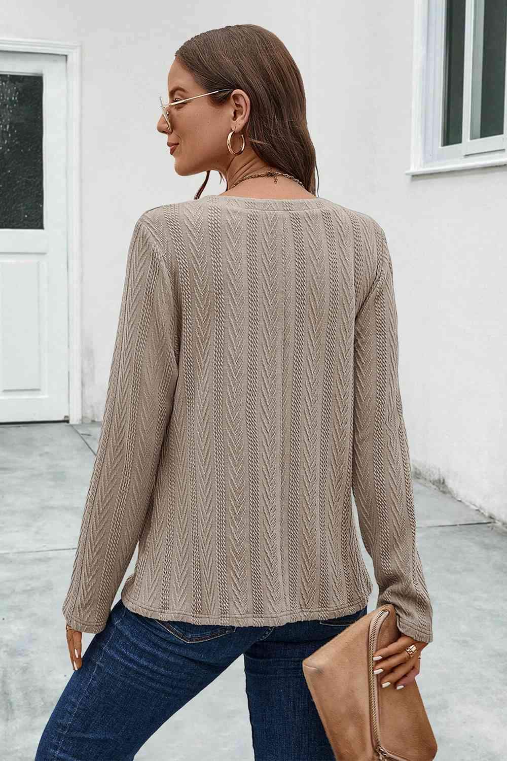 Buttoned Notched Neck Long Sleeve T-Shirt Women's T-Shirts - Tophatter Daily Deals