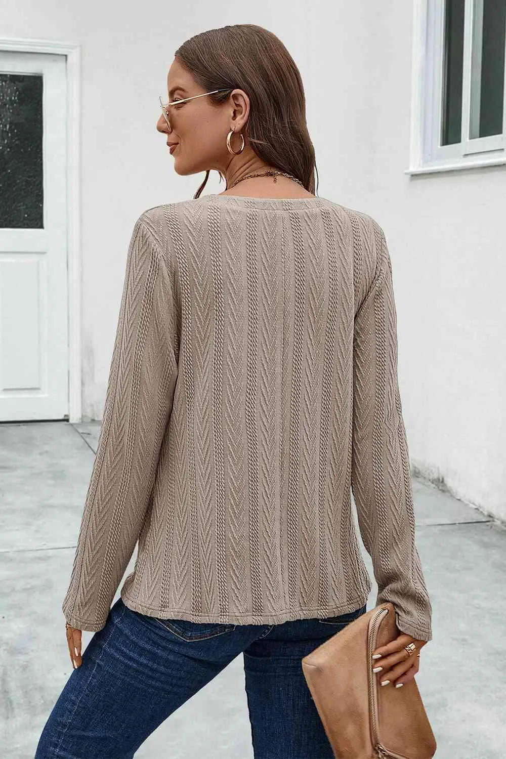 Buttoned Notched Neck Long Sleeve T-Shirt Women's T-Shirts - Tophatter Daily Deals