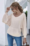 Boat Neck Waffle-Knit Lantern Sleeve Blouse with Pocket Blouses - Tophatter Daily Deals